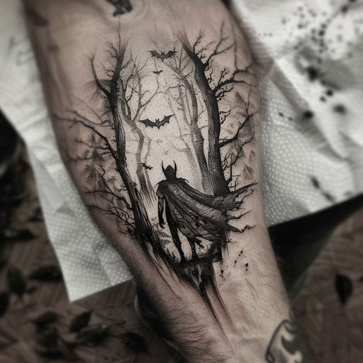 Nature-inspired flat tattoo sketch of a vampire emerging from a misty forest