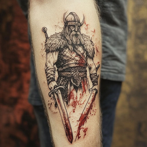 Viking tattoos for men of a Viking warrior holding a bloodied sword in the style of Glenn Fabry