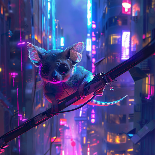A cyberpunk sugar glider navigating the neon-lit streets of a futuristic city