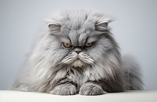 Persian cat on white canvas, dark silver and light indigo style