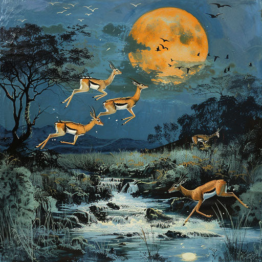 Gazelles gracefully leaping under the moonlight