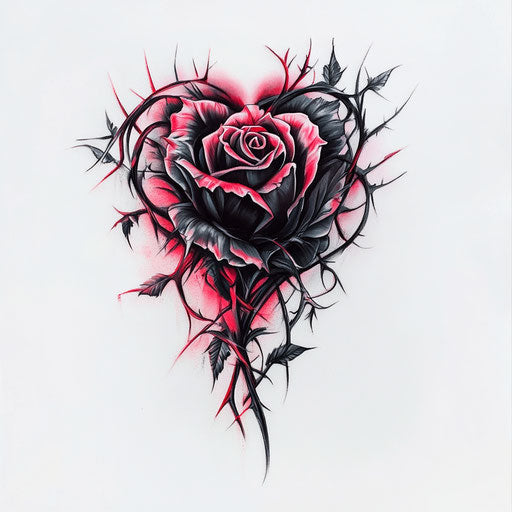 Black rose with thorns in heart shape, red and pink