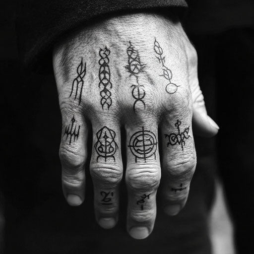 Tiny finger tattoos in Peter Jackson's style with elvish runes