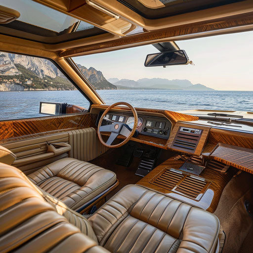 Luxury yacht-themed DeLorean DMC-12 1981 on sunny coastal road