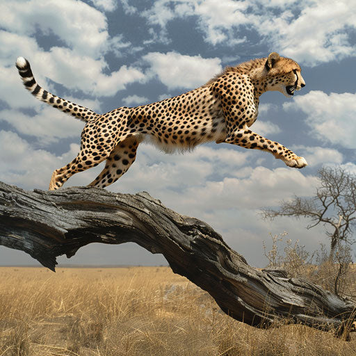 A cheetah jumping over a fallen tree trunk