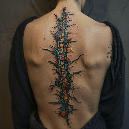 Colorful and abstract spine tattoo for women, Guy Aitchison style