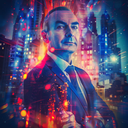 Businessman on a midjourney in a dynamic cityscape