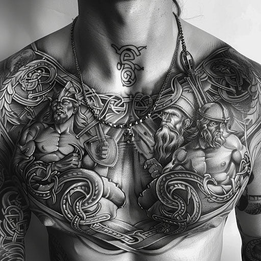 Men's chest tattoo depicting mythological gods, in the style of J.P. Targete