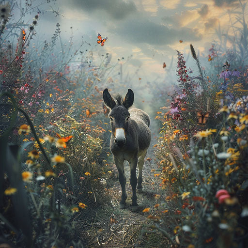 Donkey on a narrow path with blooming wildflowers and butterflies