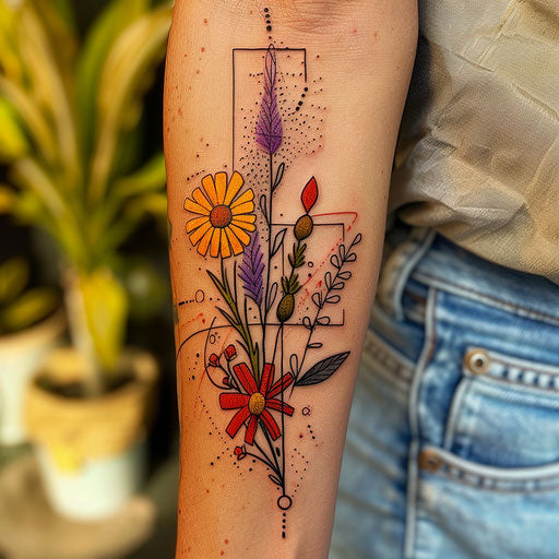 Wildflower tattoo with geometric shapes, bold lines, vibrant colors