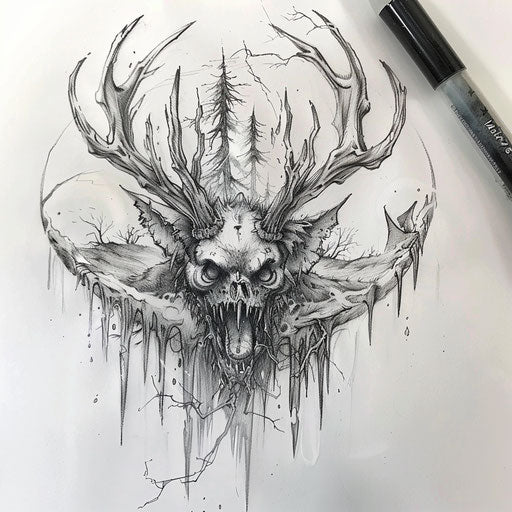 Flat tattoo sketch of a Wendigo with icy breath and frozen landscape details