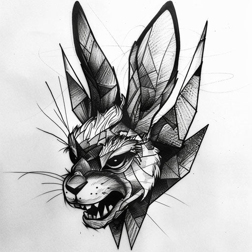 Bold flat tattoo sketch of a fierce black rabbit