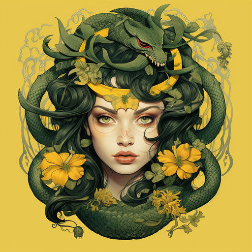 Girl and dragon: classic tattoo style illustration, yellow and green