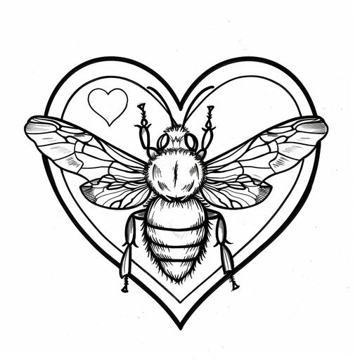 Bold bee outline with heart in the background