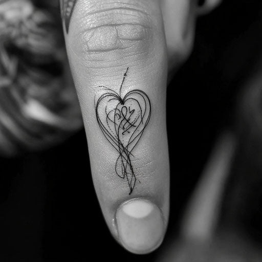 Heart tattoo on finger with flowing organic lines