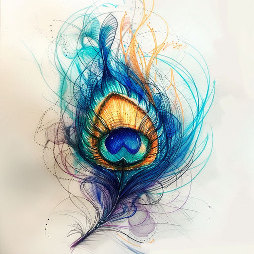 Abstract peacock feather tattoo sketch with soft pastel shades