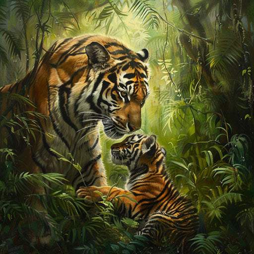 Tigress teaching the jungle to her cub in a glade