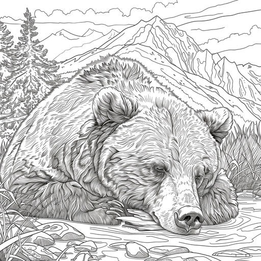 Brown bear resting by a mountain stream