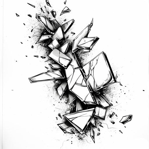 Dynamic tattoo sketch of a shattered mirror with floating pieces