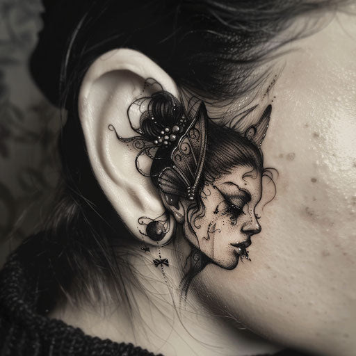 Ear tattoos in the style of Gerald Brom with dark fairies