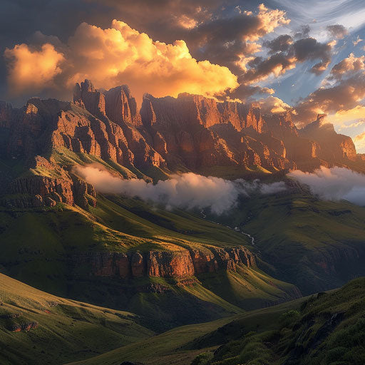 The majestic Drakensberg Mountains - dragons peak in golden sunlight