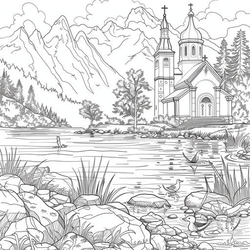 Church by a lake with reflection, coloring page