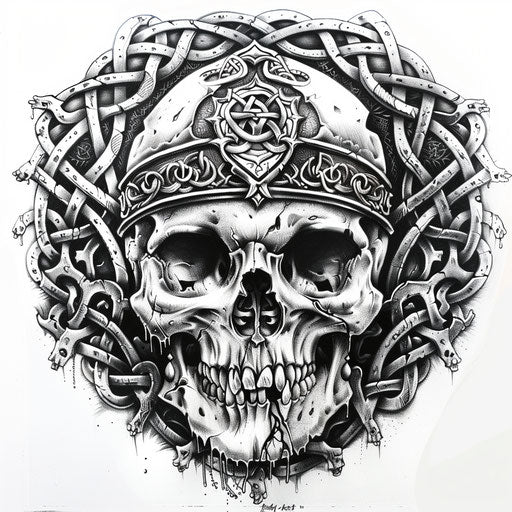 Skull in medieval helmet with intricate knotwork tattoo