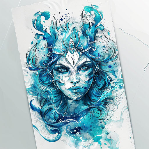 Ocean-inspired flat tattoo sketch with deep blue and turquoise watercolor effects