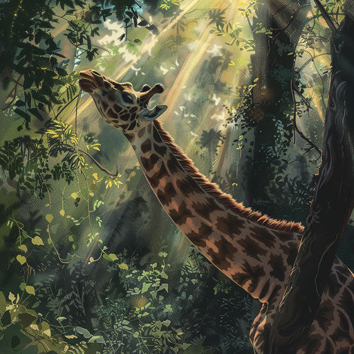 A giraffe reaching for leaves in a dense, sun-dappled forest, showcasing habitat diversity