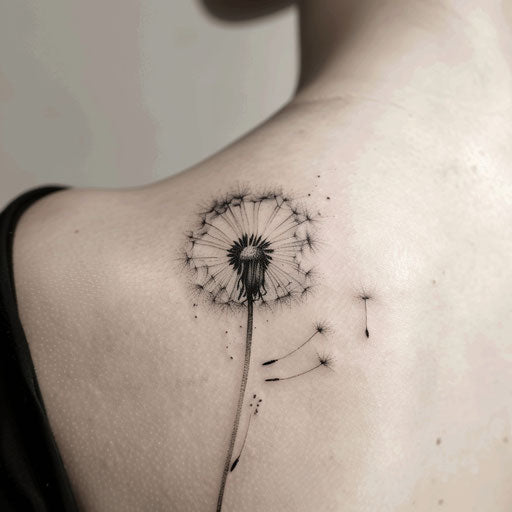 Realistic dandelion tattoo, capturing the delicate nature of the flower, with fine details and shading, on a white background.