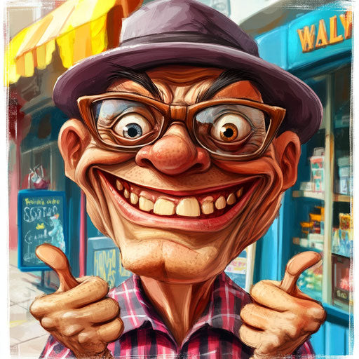 Humorous caricature of a shop with human characteristics