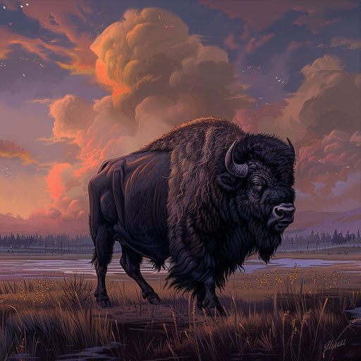 Buffalo in a serene landscape with detailed fur