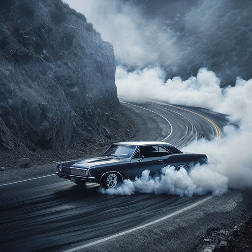 1967 Chevy Bel Air drifting around a mountain corner