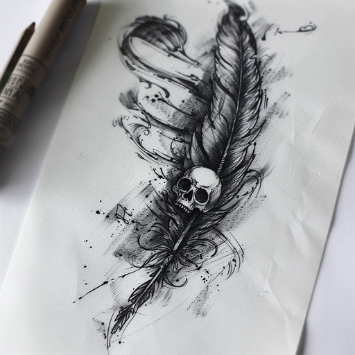 Gothic feather tattoo design with skulls on white background