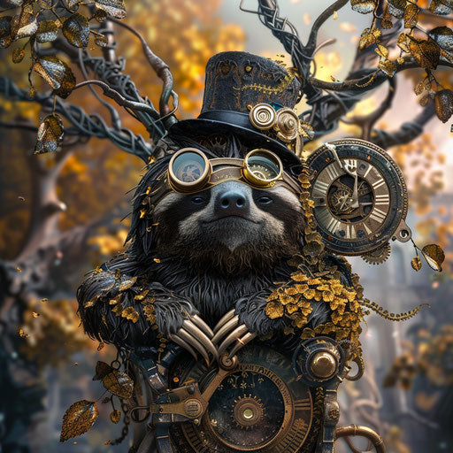 The steampunk sloth with monocle and top hat on the clockwork tree