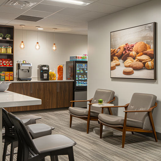 Cozy break room with coffee machines and snacks