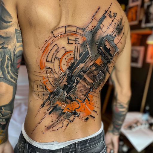 Cyberpunk lower back tattoo, Adrian Smith style