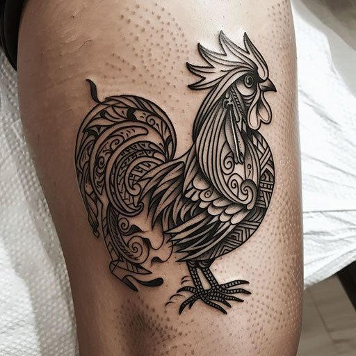 Tribal rooster tattoo with bold black lines and patterns