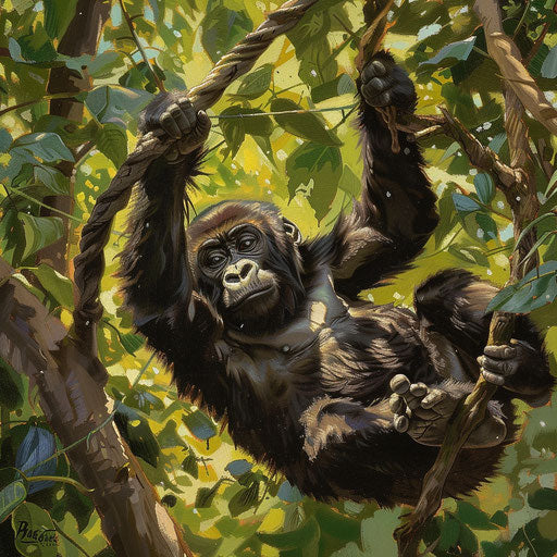 Young western lowland gorilla playing in the rainforest