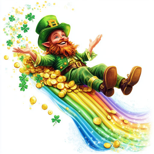 St. Patrick's Day, Leprechaun sliding down a rainbow with gold coins and shamrocks