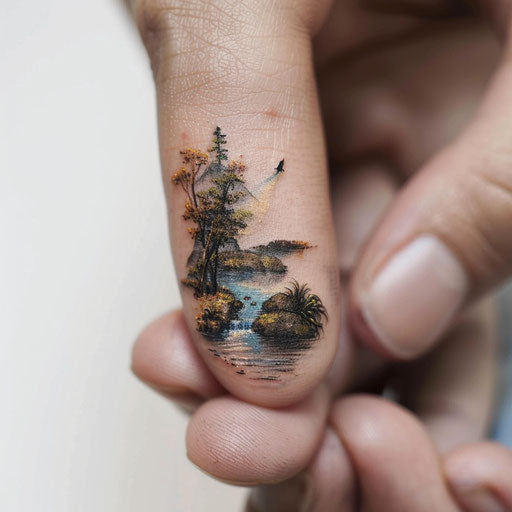 Finger tattoo depicting a surreal mini landscape