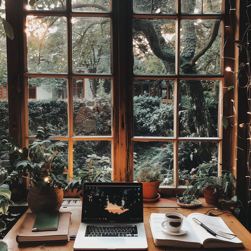 Cozy home office with laptop and garden view