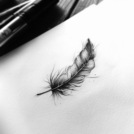 Elegant black ink feather on white background
