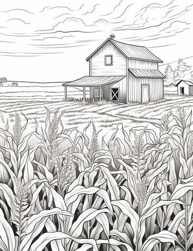 Wheat and corn field coloring page, vine-like style