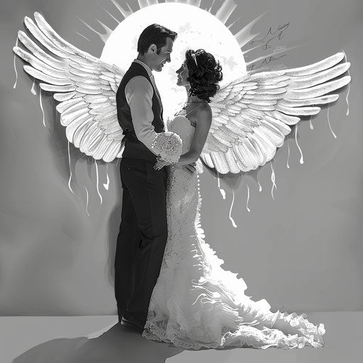 Illustration of bride and groom with detailed wings in photo realistic style on flat random monochrome background