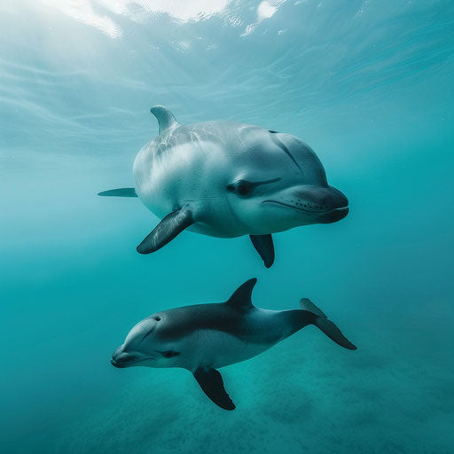 A mother porpoise guides her newborn in clear blue water