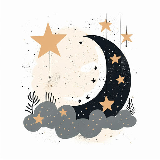 Moon and stars in Minimalist style on white background