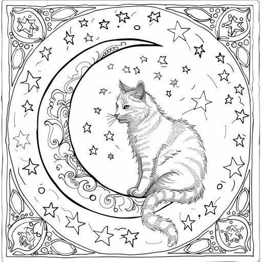 Whimsical cat on a crescent moon surrounded by stars