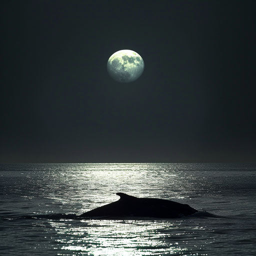 Whale silhouette in moonlit ocean