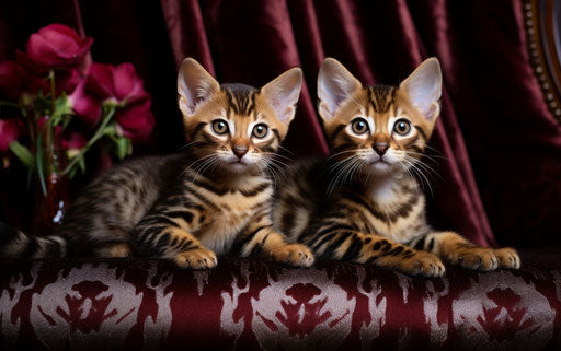 Bengal kittens on a couch, light maroon and dark gold style, bold lines, bright colors, photorealistic, delicate markings, HD mod, dark orange and black, bold patterns